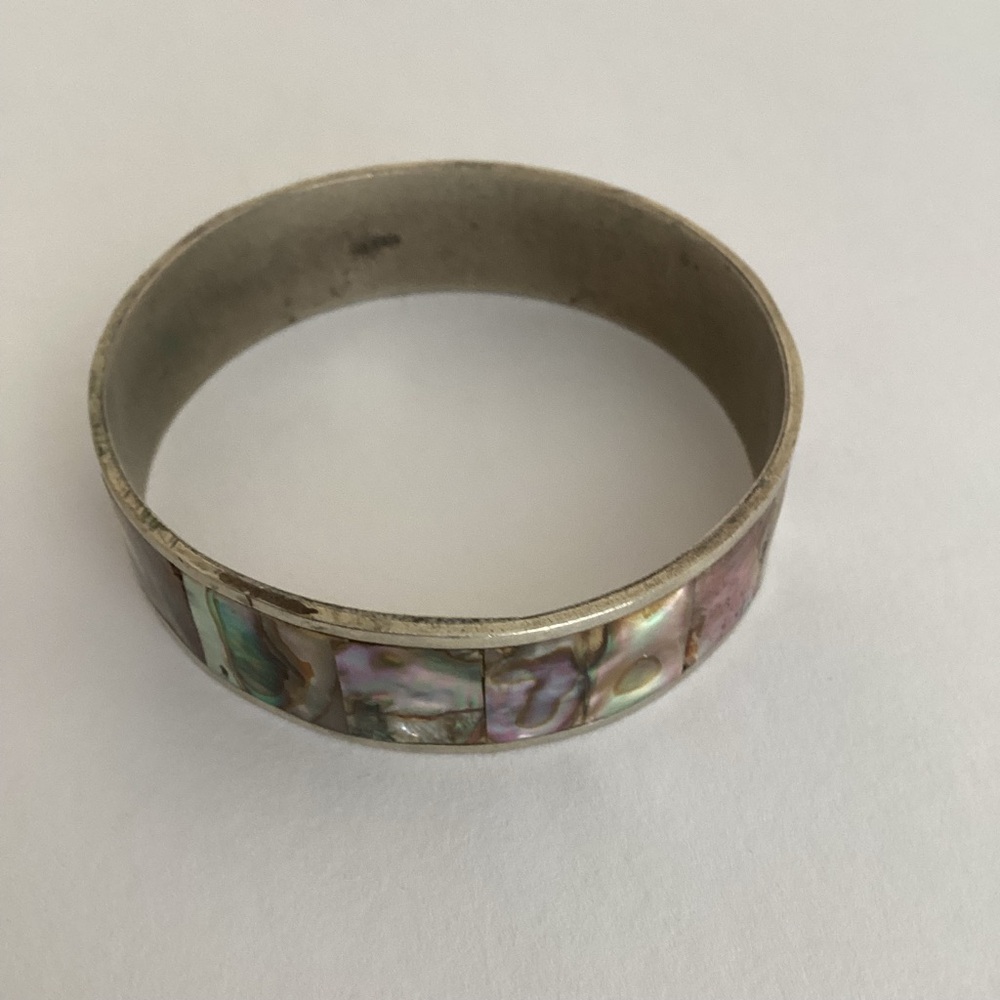Vintage Mexico Silver Abalone Shell Inlay Bangle Bracelet